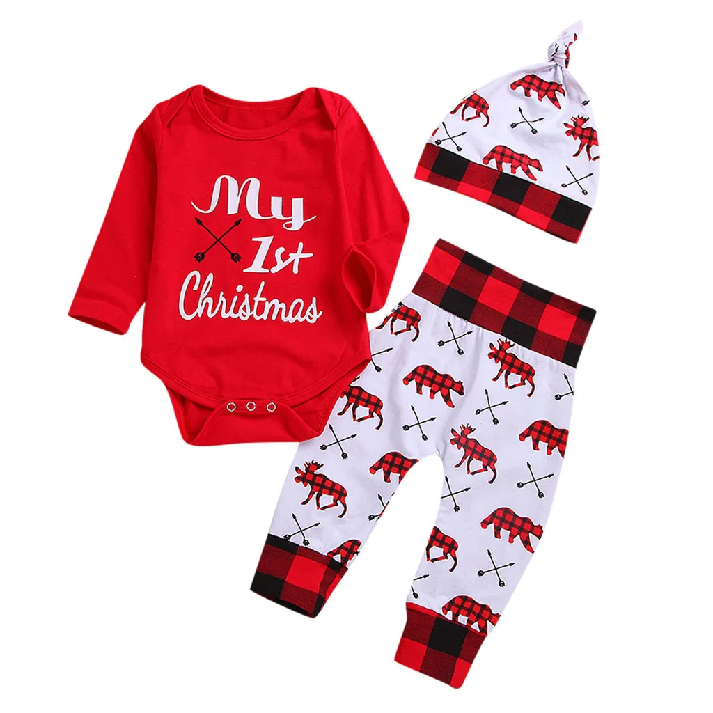 Детская Рождественская Одежда для новорожденных; рождественское боди с буквенным принтом; клетчатые штаны с рисунком медведя; Рождественские Зимние наряды