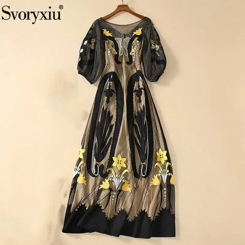 Svoryxiu роскошное подиумное весенне-летнее длинное женское сексуальное черное Сетчатое платье в горошек с цветочной вышивкой вечерние платья макси