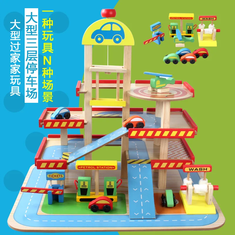 

Children Wooden Play House Toys Model Large Stereo Three Layer Parking Lot Toy Set Assembled Car Camera Track