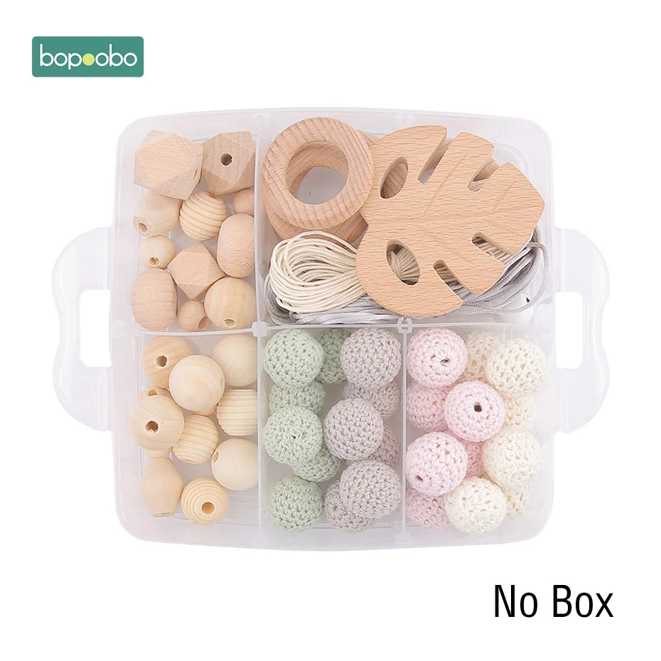 Bopoobo 1set Baby Rattle DIY Jewelry Set Crochet Beads Baby Blending Natural Wooden Beads Silicone Round Geometry Wooden Teether 31