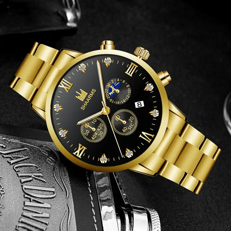 Shaarms Mens Watches Luxury Alloy Case Roman Numeral Display Date Dial Quartz Wristwatch Casual Business Watch Man Clock