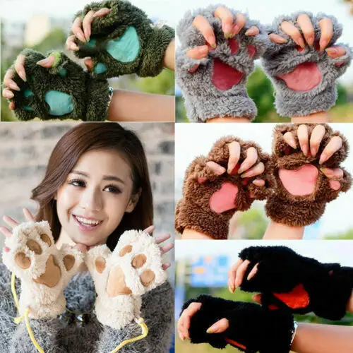 New Women Bear Cat Claw Paw Mitten Plush Glove Costume Warm Winter Half Finger Gloves