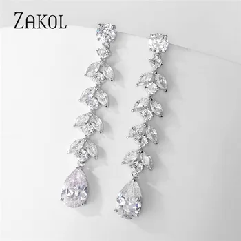 

ZAKOL High Quality Classic AAA Cubic Zirconia Long Leaf Pendant Dangle Earrings Wedding Accessories for Women FSEP2434