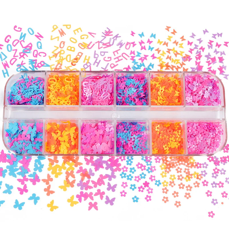 

12 Grids 3D DIY Glitter Sequins Polymer Clay Nail Art Decoration Mix Designs Easter Christmas Fruit Flower Star Butterfly Letter