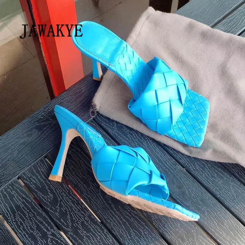 Подиумная обувь из натуральной кожи на высоком каблуке для женщин; обувь для вечеринок с квадратным носком и плетеными ромбовидными ремешками; открытые шлепанцы; пикантные женские сандалии-гладиаторы - Цвет: blue
