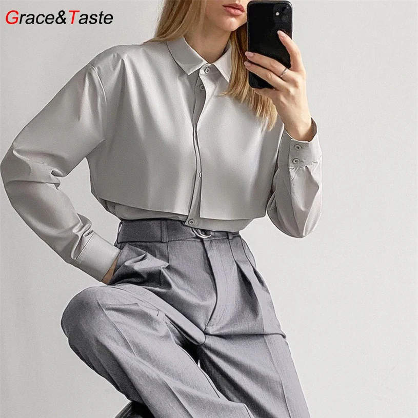 

Grace&Taste Female fashion OL commuting autumn double-layer stitching design blouse femininity long sleeve versatile lapel shirt