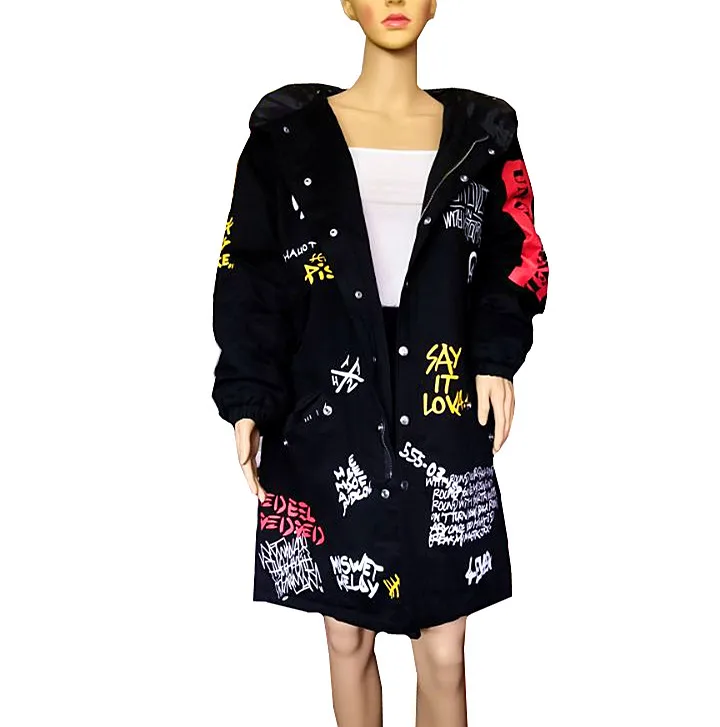 Kopen Vrouwen 2019 Lente Hip Hop Brief gedrukt Windbreaker BF Hooded Trenchcoat Parka
