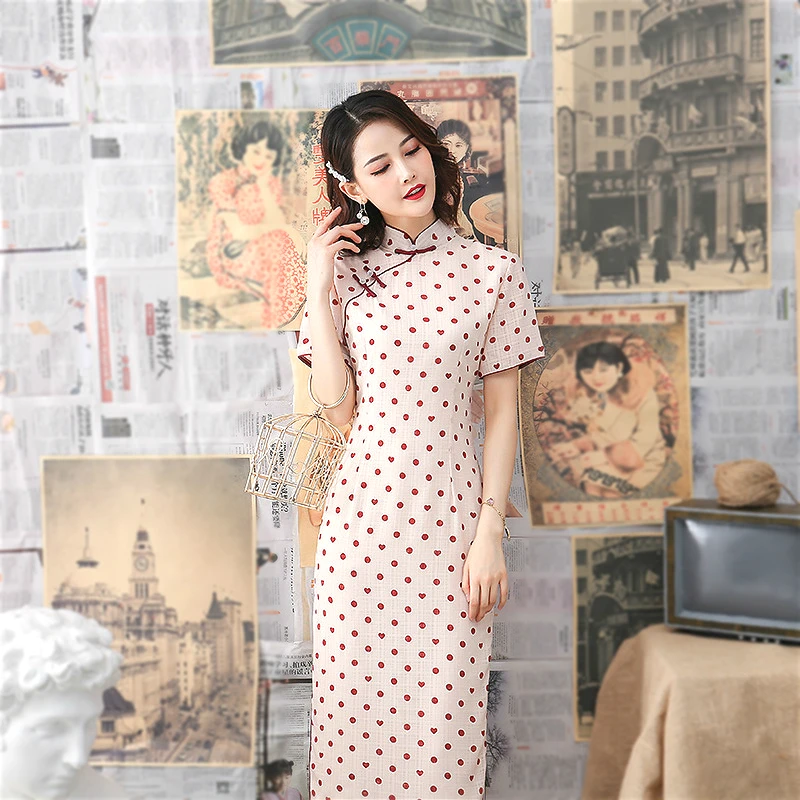 Sheng Coco Wave Point Silk Pink Chinese Cheongsam Costume Pearl Pankou Cute Qipao Vestidos Female Oriental Party Dress | Тематическая