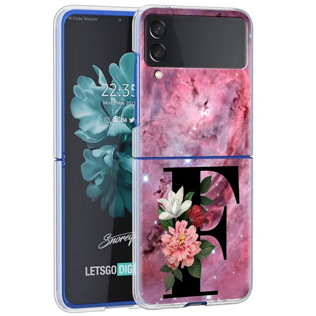 Letter A B Flowers Pink Case For Samsung Galaxy Z Flip 3 5G Transparent Hard Cell Phone Cover ZFlip3 Clear PC Luxury Fundas H06