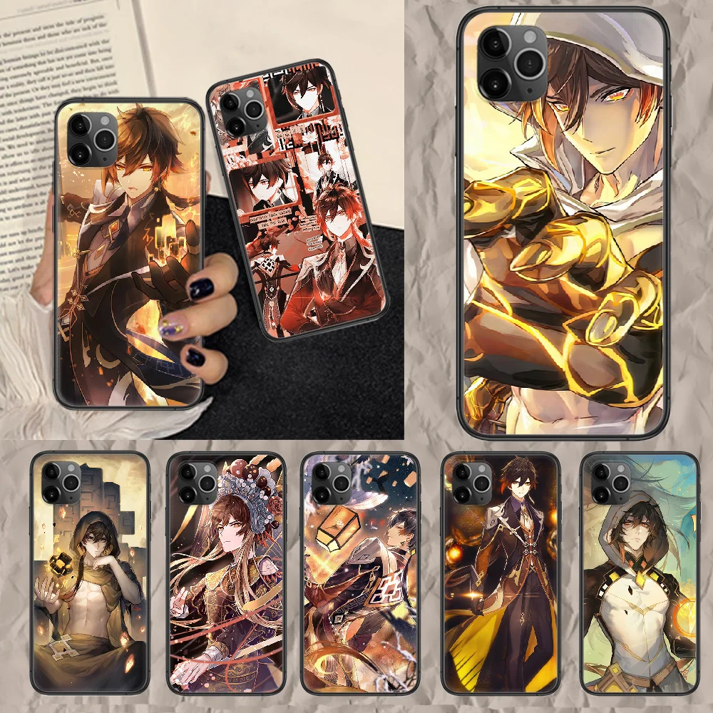 Чехол для телефона Zhong li Genshin impact iphone 5 5s se 2 6 6s 7 8 12 mini plus X XS XR 11 PRO MAX Черный Модный