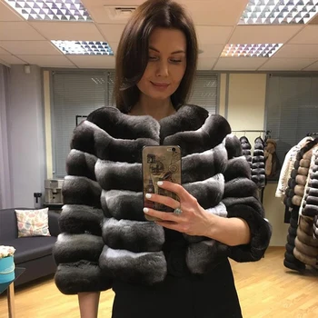 GĂŒnstig Frauen Pelz Jacke Cropped Chinchilla Farbe Mantel Neuesten Design Echt Rex Kaninchen Pelz Outwear Hohe QualitĂ€t Freies Shiping