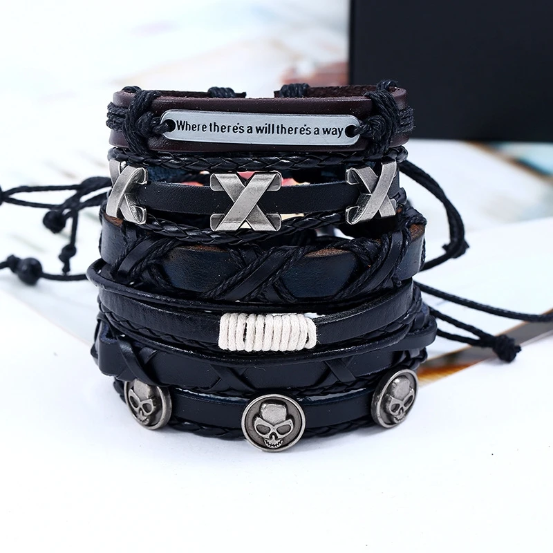 

2019 Men's Vintage Woven Leather Bracelet Multilayer European and American Bracelets Letter Charm Bracelets Fashion Jewelry