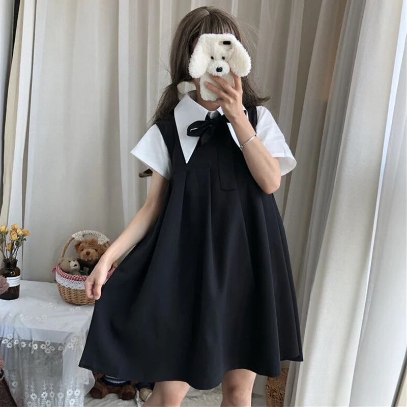 

Sweet Women's JSK Dress Sleeveless Dress + White Shirt Short Sleeve Blouse Cute Bow Trim One Piece Student Preppy Style