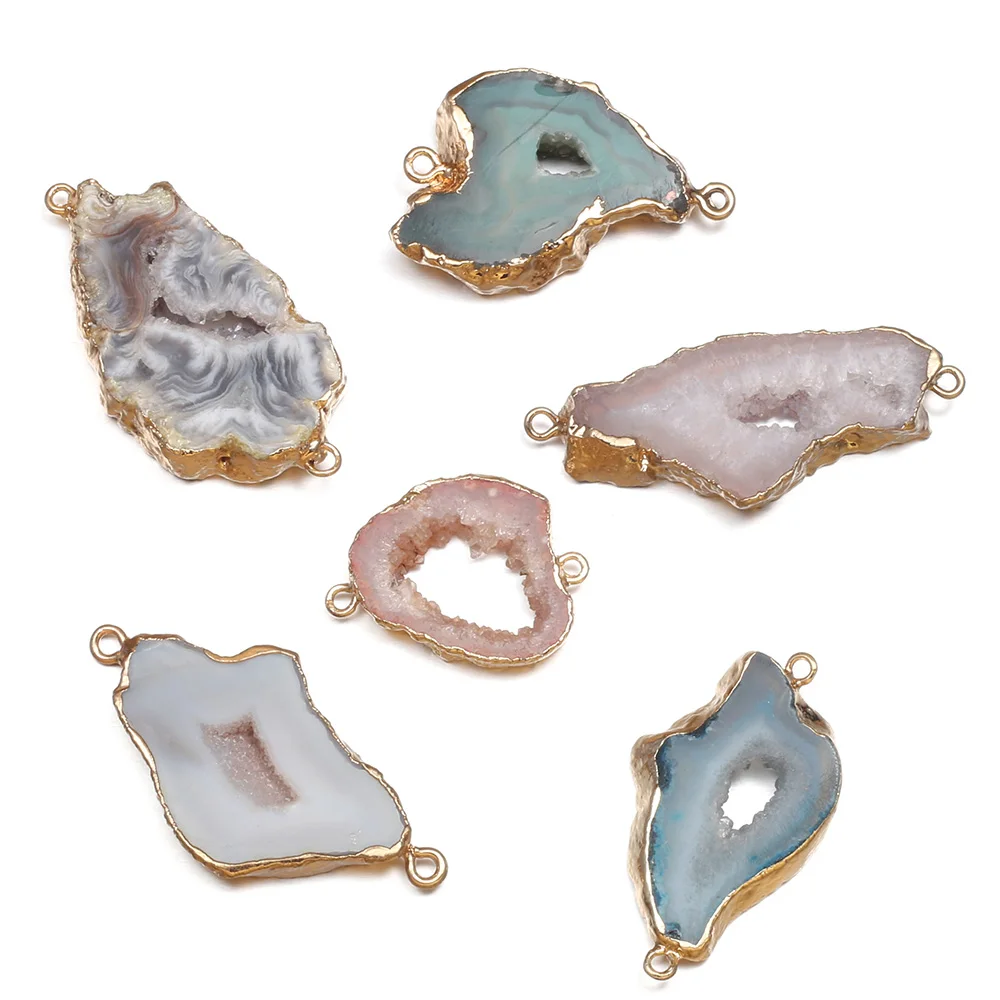 

1pcs Irregular Natural Agates Connectors Charms Pendants Gold Plated Double Hole For DIY Jewelry Making Necklace
