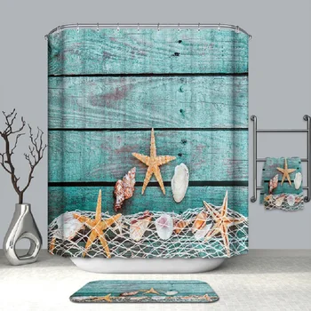 

4pcs/set Bathroom Printed Pattern Shower Curtain Pedestal Rug Lid Toilet Cover Mat Bath Mat Set Bathroom Curtains with 12 Hooks