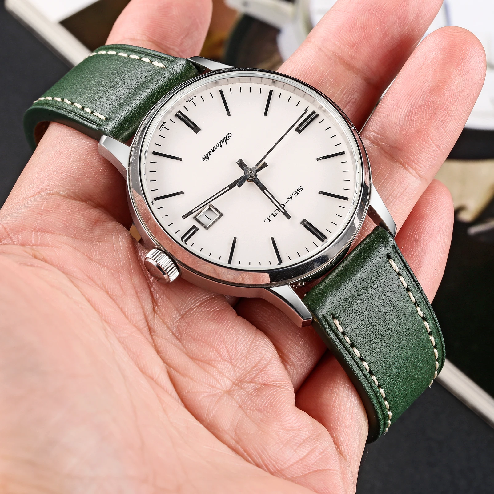 本パネライ時計バンドグリーンソフトラップイタリアミネルバボックス革