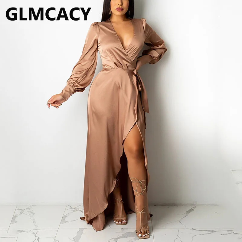 Women Long Sleeve V Neck Satin Slit 