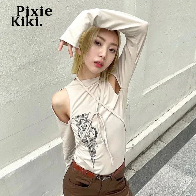 PixieKiki Y2k Aesthetic Cutout Long Sleeve Top Sexy Fashion Cold Shoulder Lace Up Graphic T Shirts Harajuku Streetwear P85-BD18 4
