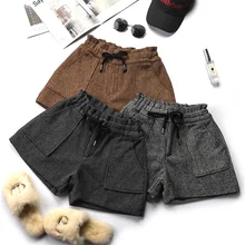 Полосатые осенние шорты с высокой талией, женские шерстяные утолщенные повседневные шорты с карманами, серые кофейные широкие брюки