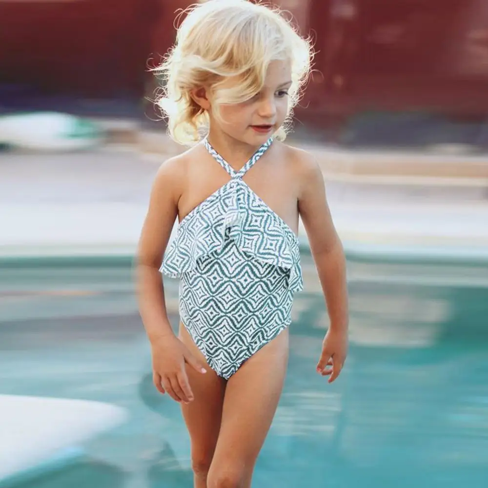 Baby Girls Ruffles Sleeveless Geometry One Piece Swimsuit Kids Beach Bodysuit Bikini Bathing Suit Fused RL2 | Мать и ребенок