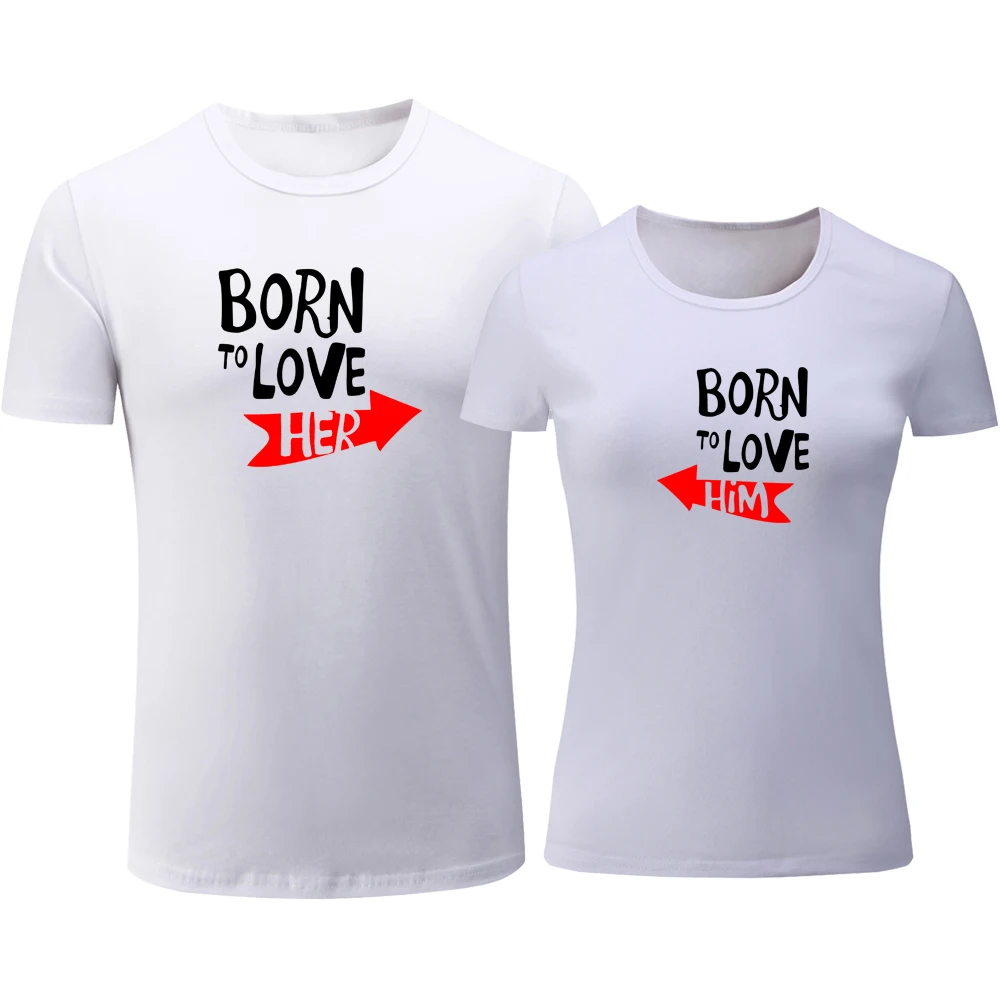 Футболки с надписью Born To Love Her or He для влюбленных пар дизайнерские мужские и
