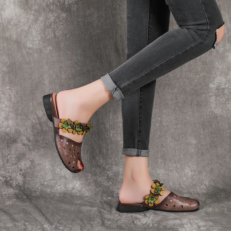 

[] 2019 Summer New Style Origional Retro Mori Girl Cowhide Peep-toe Sandals Women's Flat Closed-toe Slippers Genuine Leather