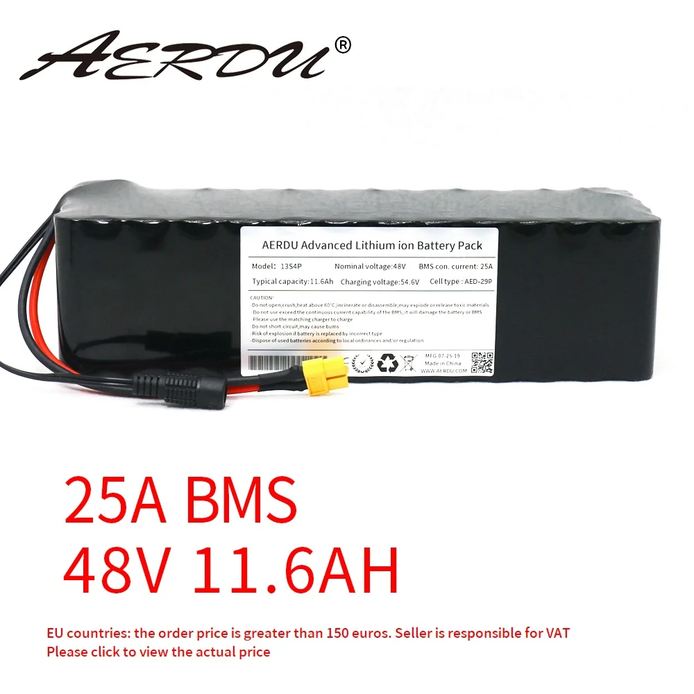 AERDU 48V 13S4P 11.6Ah батарейный блок 1000W 18650 ионно-литиевая аккумуляторная батарея для