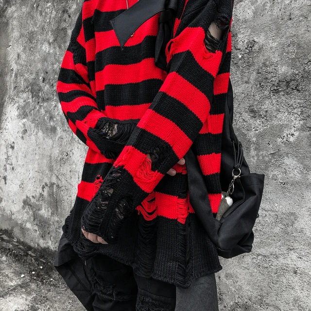 Women's Black Red Striped Pullovers Sweaters Autumn Winter Hole Ripped Sweater  Women Fashion Oversized Jumpers All-match Clothes - AliExpress