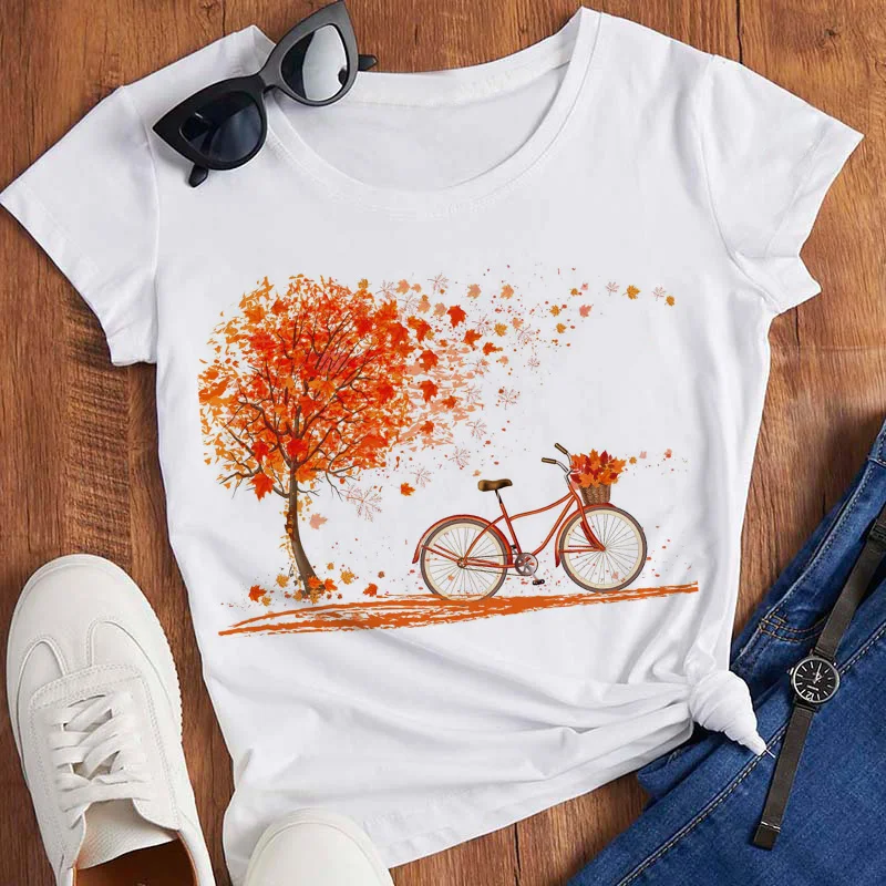 Pink T Shirt Women Beautiful Scenery Bicycle Vogue Casual Tshirt Harajuku Korean Style Graphic Tops Kawaii Short Sleeve T-shirt