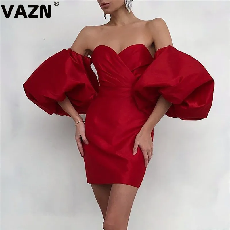 VAZN популярное сексуальное Клубное необычное модное однотонное платье без бретелек с коротким пышным рукавом и открытой спиной для девушек с высокой талией тонкое мини-платье