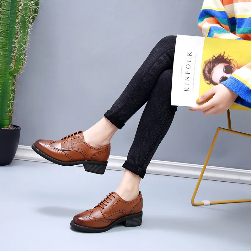 Cow Leather brown oxford shoes women lace up casual derby shoes fashion ladies brogue block heel women oxford shoes