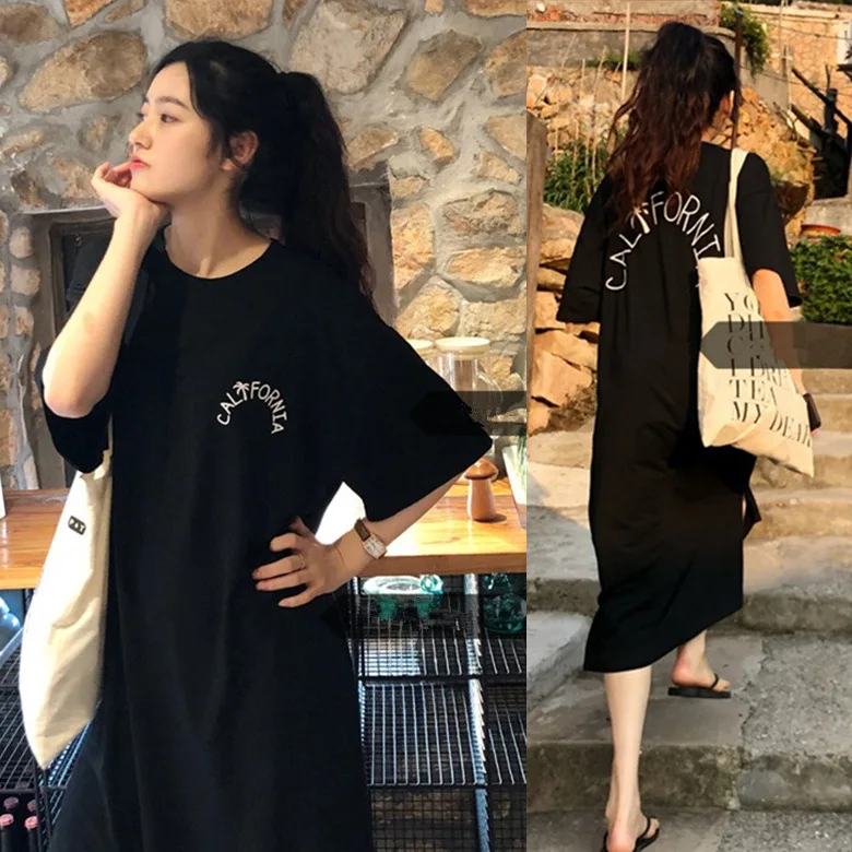 

Summer Short-sleeved Nightgown Women's Black Palm Lettered Skirt M-XXL 4 Color