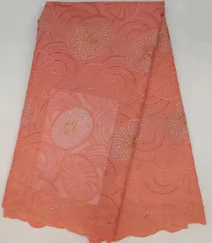 

5yards/pc high quality peach color African voile lace fabric elegant plain color Swiss lace fabric with stones for dress CLM010