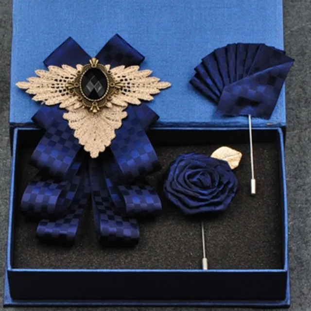 British New Fashion Men's Wedding Performance Groom Wedding-Party Flower Collar Bow Tie Pocket Towel Square Set Men Accessories Blue plaid set