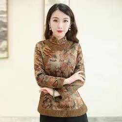 Cheongsam Women Plus Size Tops 2021 Winter Cotton Blend Prints Splicing Thickening Chinese Style Retro Qipao Skinny Shirts Woman