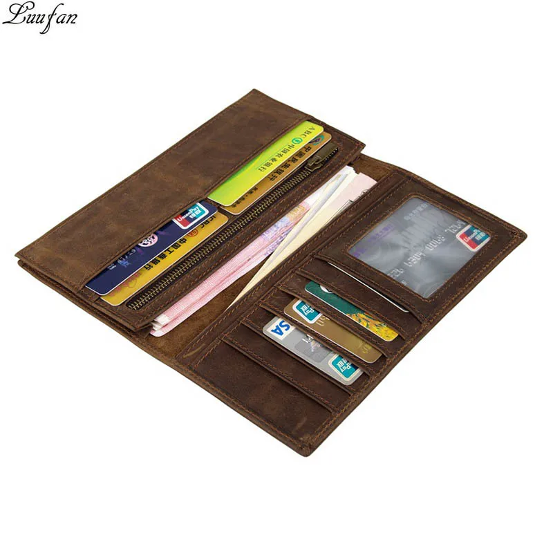 

Luufan Genuine Leather Wallet For Man Vintage Inner Zip Credit Card Holder Purse Bifold Cowskin standard Long Wallet Male Purse