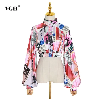 

VGH Elegant Print Ruched Blouses For Female Turtleneck Lantern Long Sleeve Tops Shirts Women Fashion Clothing 2020 Spring Tide