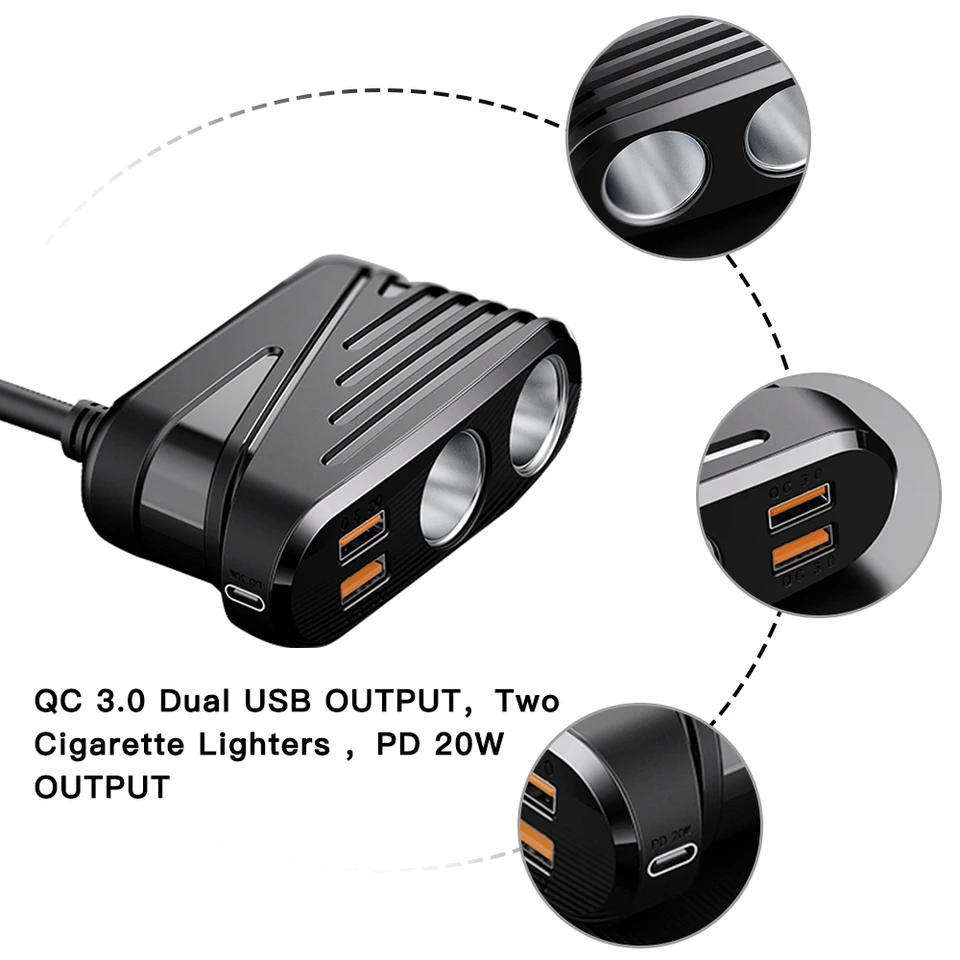 Splitter Accendisigari Auto 7 In 1 Con USB PD30W E Display Tensione: 3 Prese + 3 USB + Tipo C, 120W, Interruttori Singoli - 4