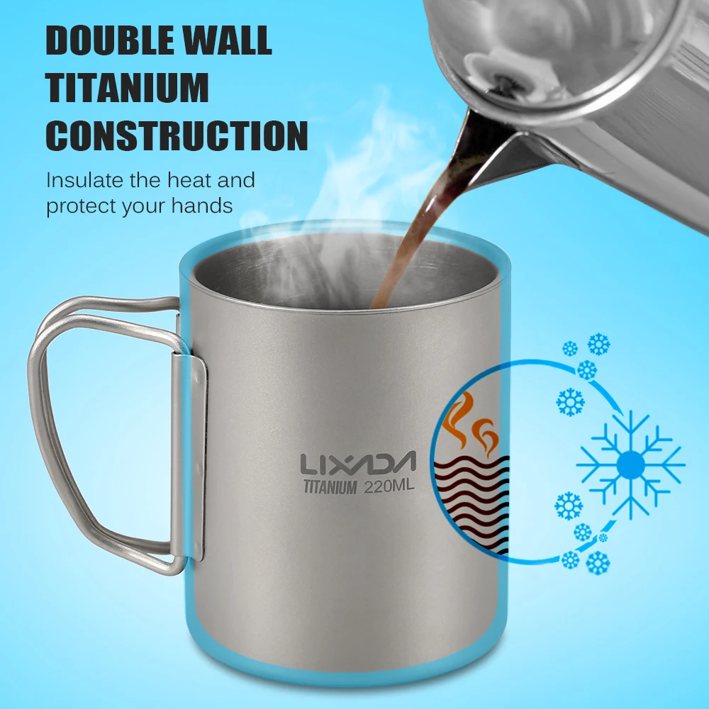 

Lixada Camping Titanium Mug Double Wall Titanium Mug Outdoor Picnic Cookware Coffee Water Mug with Foldable Handle 220ml / 450ml