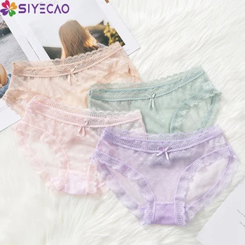 

Sexy Lace Women Panties Mid Waist Transparent Thin Briefs Breathable Comfortable Seamless Cotton Crotch Girls Underwear Lingerie