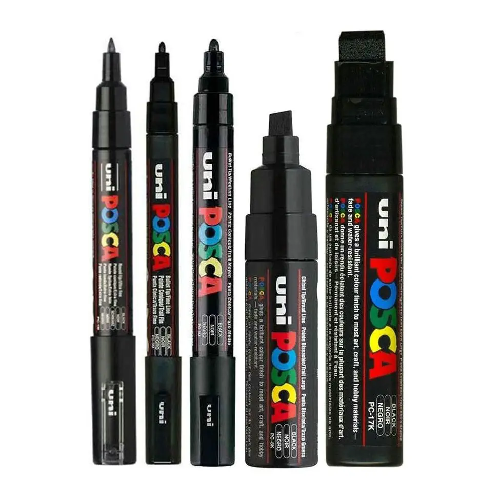 5pcs/set Paint Mixed Marker Pen Pack Black Color 5 POSCA Markers In Various Size PC-1M/3M/5M/8K/17K 1Marker / Size