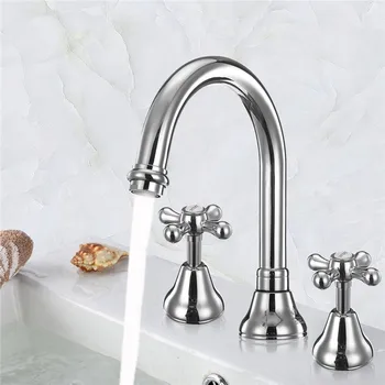 

Bathroom Basin Sink Faucet 3 Holes Double Handle Luxury Hot and Cold Mixer Water Bathbasin Bathtub Taps
