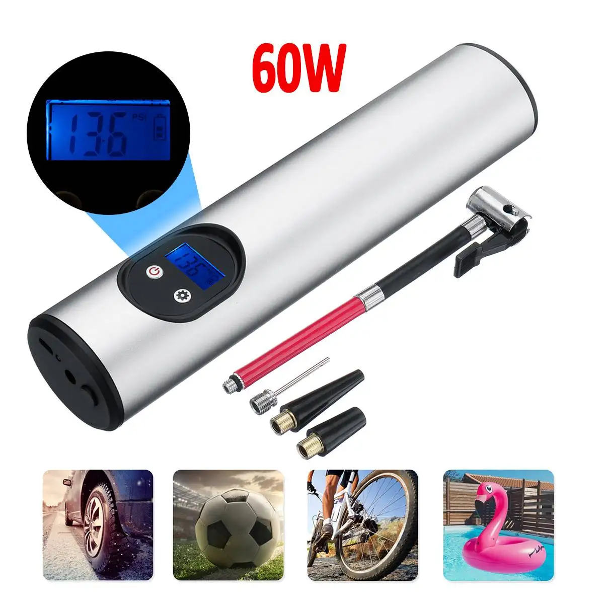 3Color 12V 150PSI 20L/min LCD Display Rechargeable Air Compressor Inflatable pump for Car Bicycle Tires Ball Swimming Rings Toys - Название цвета: Silver