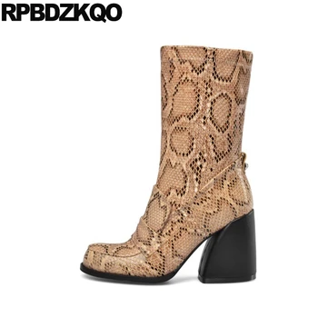 

mid calf 2019 block big size side zip boots brand snakeskin 10 chunky women high heel european winter round toe plus snake shoes