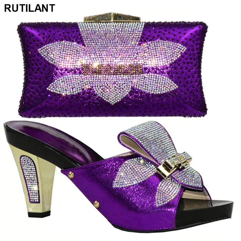 

Ladies Italian Leather Shoes and Bag Set Purple Women Shoes and Bag Set In Italy Italian Ladies Shoe and Bag Set with Rhinestone