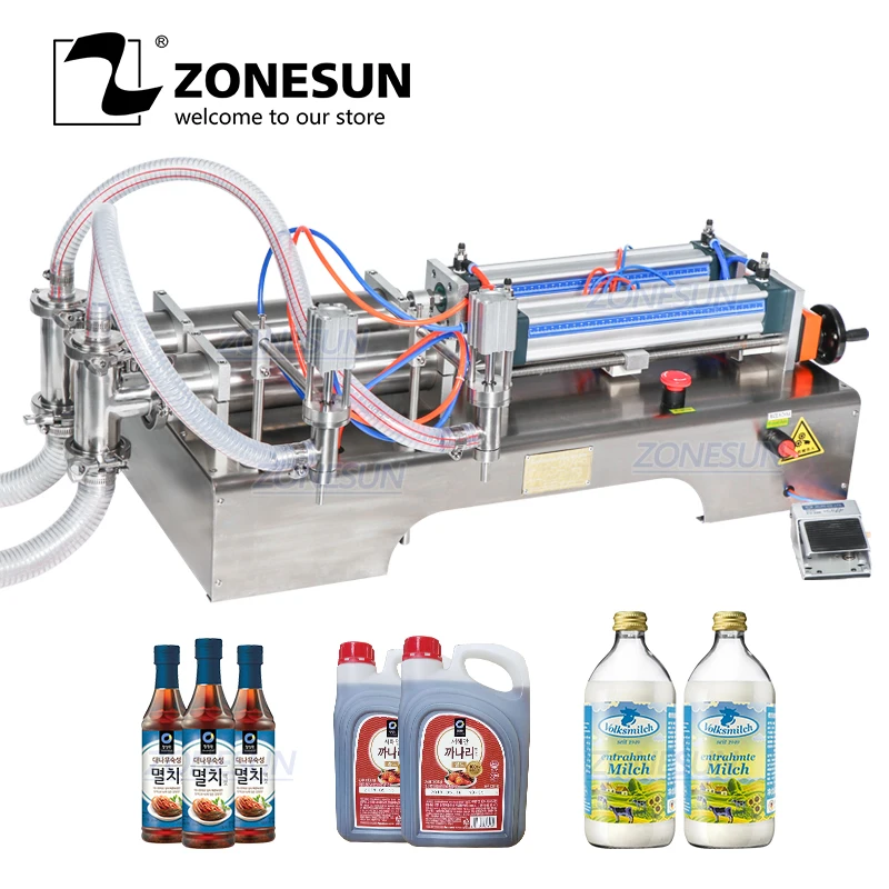 Zonesun Коммерческая пневматическая поршневая машина с двойной головкой для наполнения жидкостей, автоматическая машина для розлива молока и ...