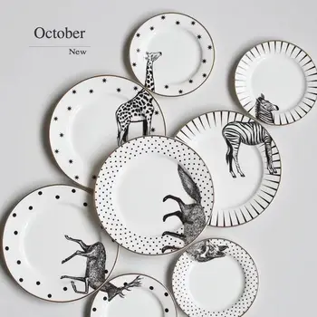 

2Pcs 6 8 Inch Ceramic Plates Animal Combined Plates Set Fox Elk Giraffe Zebra Pattern Plates Steak Breakfast Cake Fruits Dishes