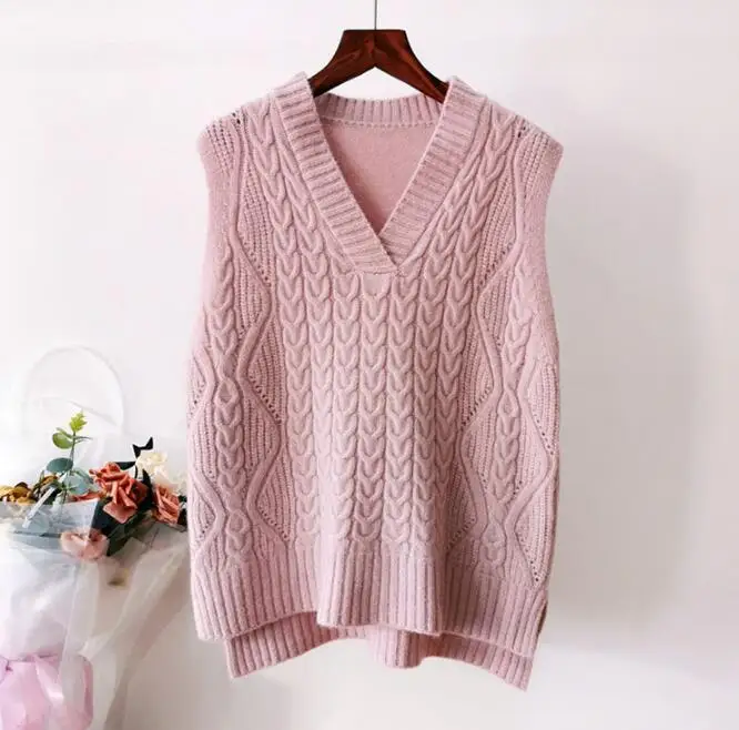 Light Pink Женский вязаный свитер с v-образным вырезом жилет осень-зима наряд твист толстое Свободное пальто большой размер женский пуловер Топ - Цвет: Light Pink