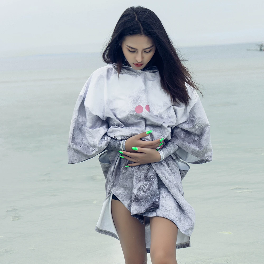 Nu-June Microfiber Printing Changing Robe Bath Towel Outdoor Hooded Beach Poncho Towels Women Man Swimming Diving Bathrobe Cloak