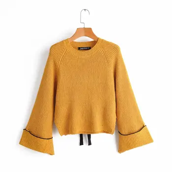 

women chic knitting sweater 2019 fashion girls solid yellow spacious long sleeve O-neck sash bow female autumn highstreet novel